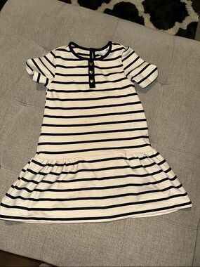 H&M White and Navy Striped Short Sleeve Dress with Heart Buttons